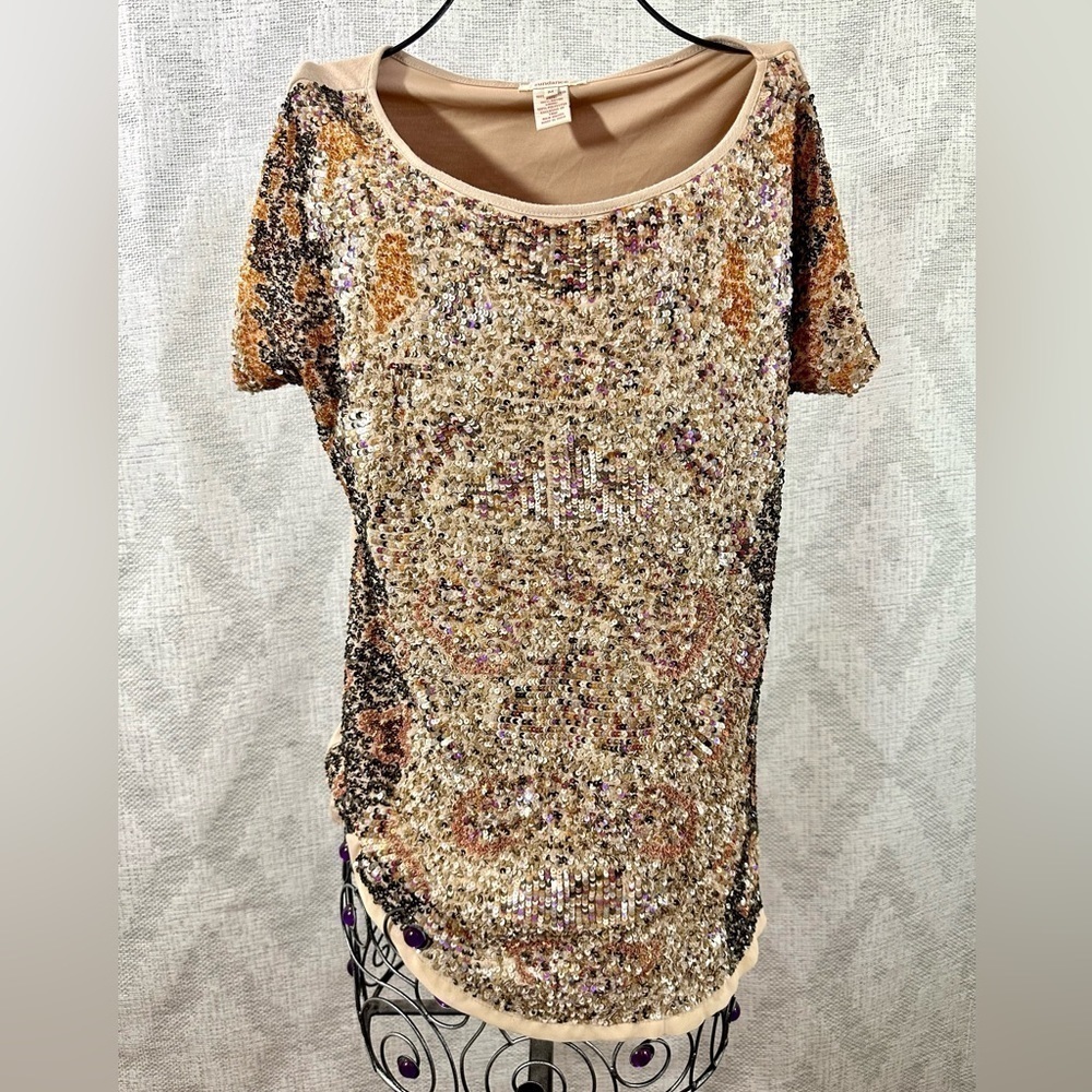 Sundance tan multi-color sequin scoop neck blouse size M - Picture 10 of 10